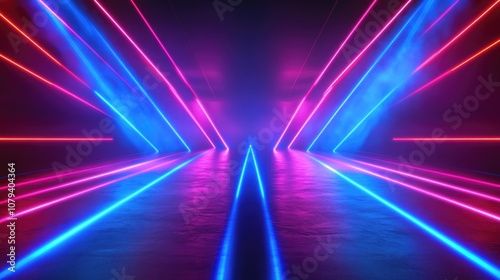 3D rendering of glowing lines and neon lights featuring an abstract psychedelic background with vibrant red and blue colors designed for a product showcase template reminiscent of a laser show