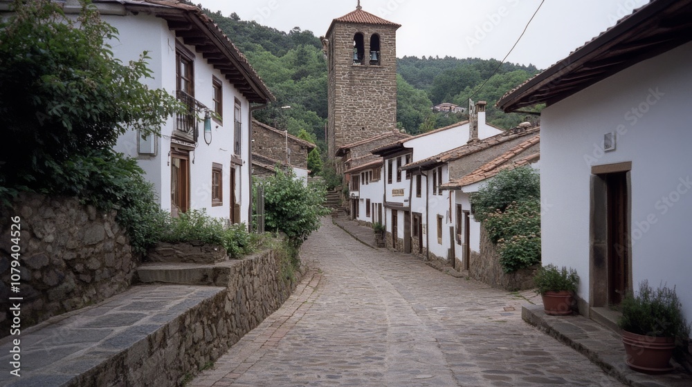 A narrow stone street leads to a clock tower in a quaint village, where timeless architecture meets serene nature. A narrow stone street leads to a clock tower in a quaint village, where timeless architecture meets serene nature.