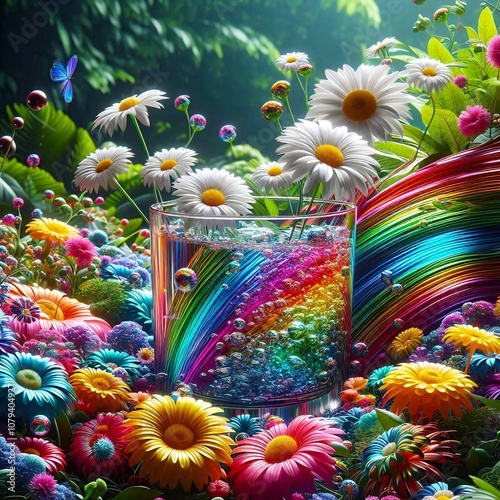 Glass water in forest and colorful flowers and magic rainbow