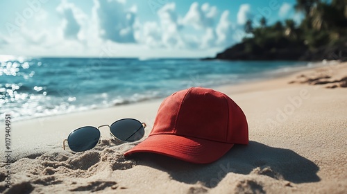 Realistic Cap Mockup with a Beach Background and Sunset Lighting, Perfect for Fashion Branding, Apparel Design, E-Commerce Product Showcases, and Promotional Merchandise in a Summer Setting