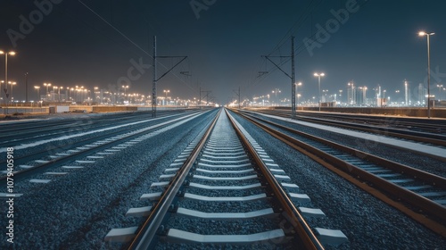 A seemingly endless railway track stretches into the night, flanked by glimmering city lights that hint at life beyond the horizon, evoking a sense of journey.