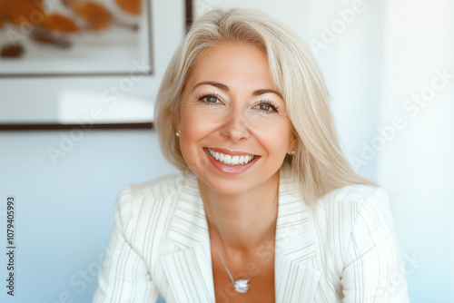 portrait of blonde 25 years old business woman looking positive and friendly