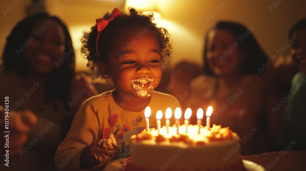 A delighted child with cake on her face celebrates her birthday, surrounded by friends in a warm, joyful ambiance. A delighted child with cake on her face celebrates her birthday, surrounded by friends in a warm, joyful ambiance.