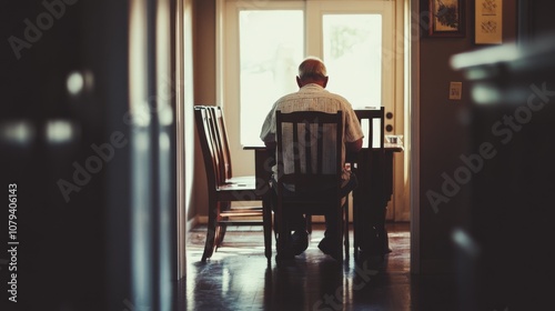 An elderly figure sits alone by a bright doorway, capturing a moment of quiet reflection and solitude in a warmly lit interior.