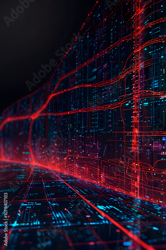AI, complex computer network of interconnected nodes with data lines flowing between them