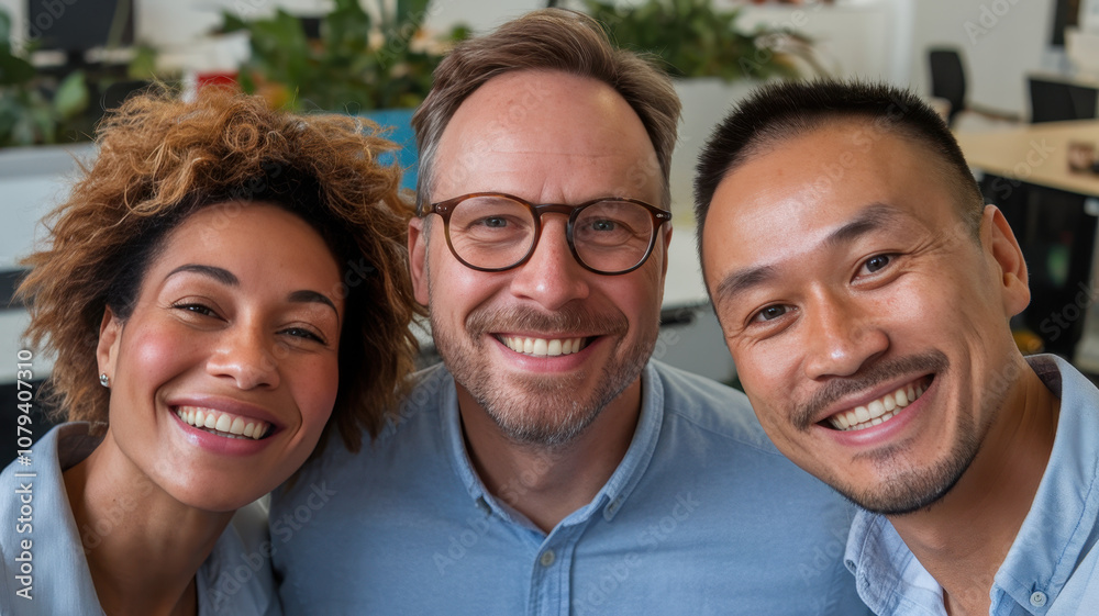 A joyful group portrait featuring two smiling men and a woman in a bright office environment, showcasing teamwork and camaraderie. A joyful group portrait featuring two smiling men and a woman in a bright office environment, showcasing teamwork and camaraderie.