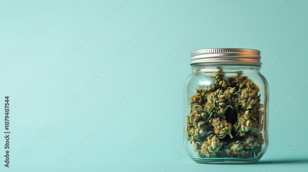 Glass Jar with Cannabis Buds on Minimalistic Light Blue Background Glass Jar with Cannabis Buds on Minimalistic Light Blue Background