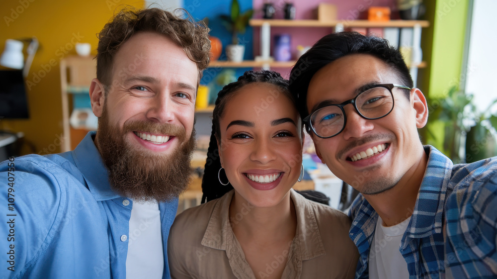 Three young friends, a Caucasian man with a beard, a Black woman, and an Asian man, share a joyful moment in a colorful, vibrant setting. Three young friends, a Caucasian man with a beard, a Black woman, and an Asian man, share a joyful moment in a colorful, vibrant setting.