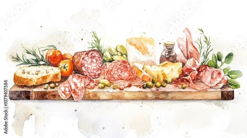 Watercolor artwork depicting a charcuterie board against a plain background