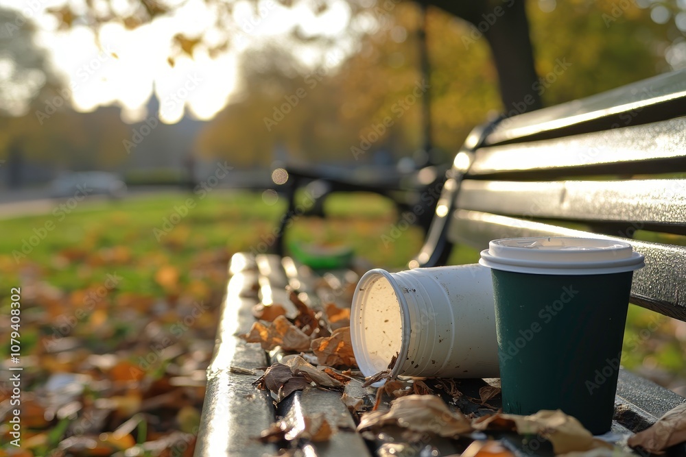 Morning Light on Park Bench with Littered Cups Morning Light on Park Bench with Littered Cups