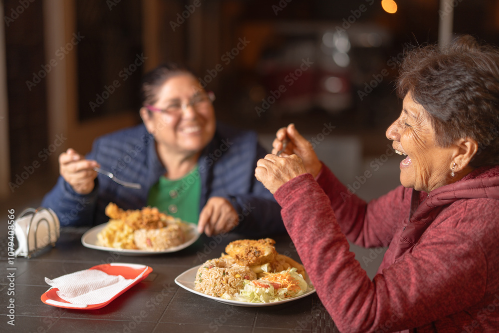 Two senior women enjoying fried chicken and rice at a street food stand Two senior women enjoying fried chicken and rice at a street food stand