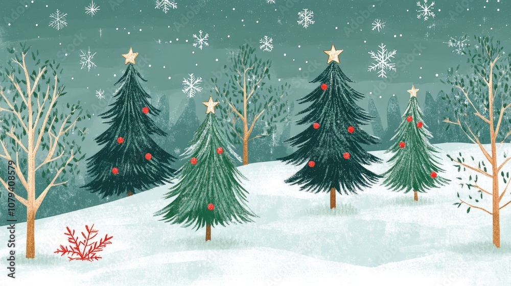 Fototapeta premium Winter woodland featuring Christmas trees snow covered landscape backdrop and festive card design Illustration captures the essence of the season