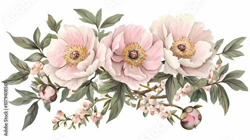 Fototapeta Naklejka Na Ścianę i Meble -  Watercolor drawing of a floral collection featuring pink peonies and botanical elements, isolated on white background. Botanical. Illustration