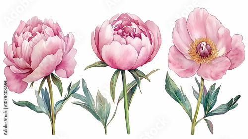 Fototapeta Naklejka Na Ścianę i Meble -  Watercolor drawing of a floral collection featuring pink peonies and botanical elements, isolated on white background. Botanical. Illustration