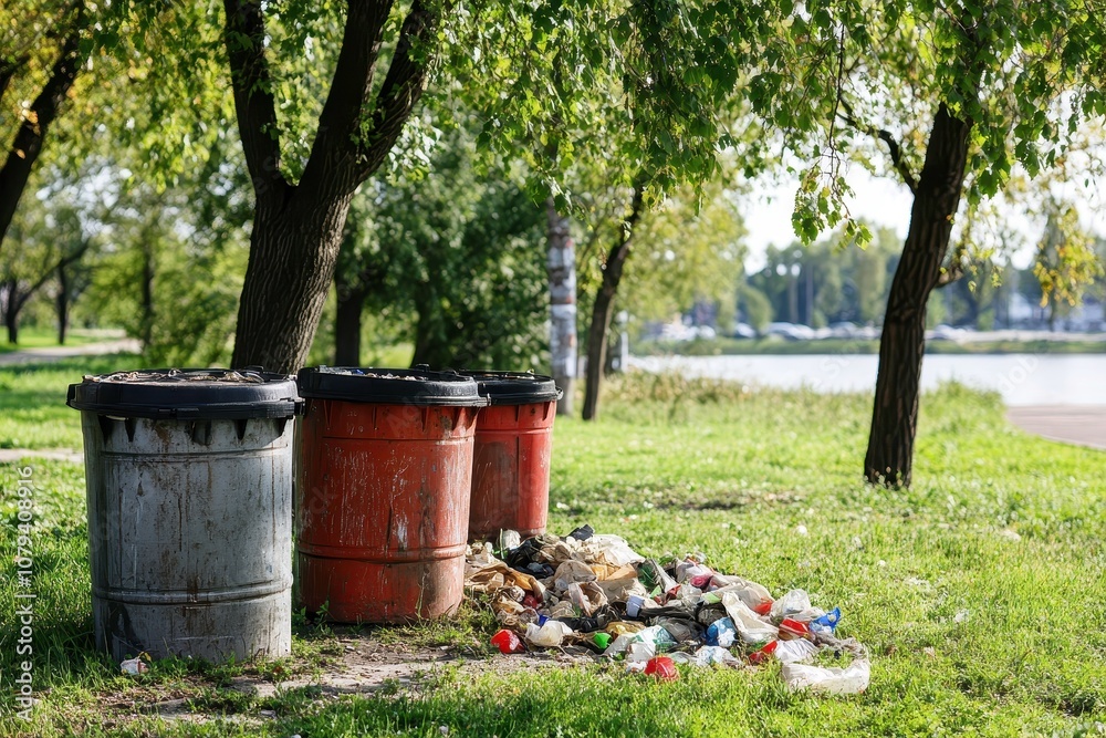 Overflowing Trash Cans in a Park Setting Overflowing Trash Cans in a Park Setting