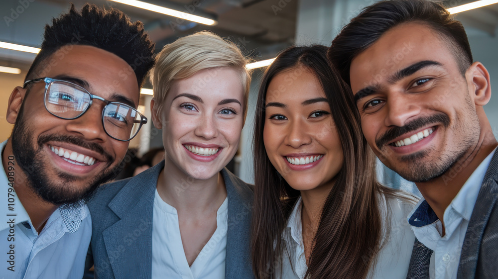 A diverse group of four young professionals smiling together in a modern office setting, showcasing teamwork and collaboration. A diverse group of four young professionals smiling together in a modern office setting, showcasing teamwork and collaboration.