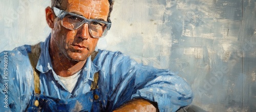 Portrait of a construction worker in blue overalls and safety glasses focused on renovations in a worksite environment photo