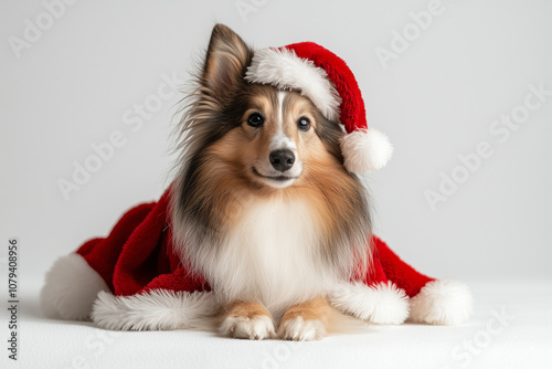 Shetland Sheepdog dog dressed as Santa Claus