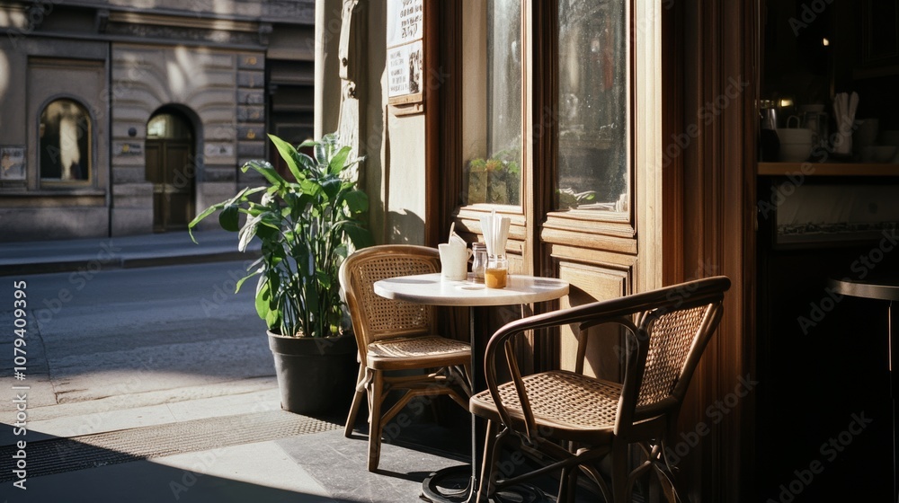 Sunlit café table with woven chairs beside a potted plant, inviting morning warmth and a quiet street view. Sunlit café table with woven chairs beside a potted plant, inviting morning warmth and a quiet street view.