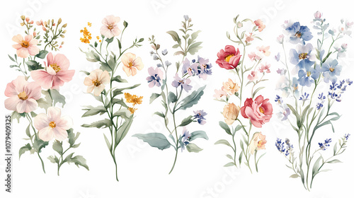 Fototapeta Naklejka Na Ścianę i Meble -  Watercolor floral english alphabet set with wild flowers from a to z. Botanical. Illustration