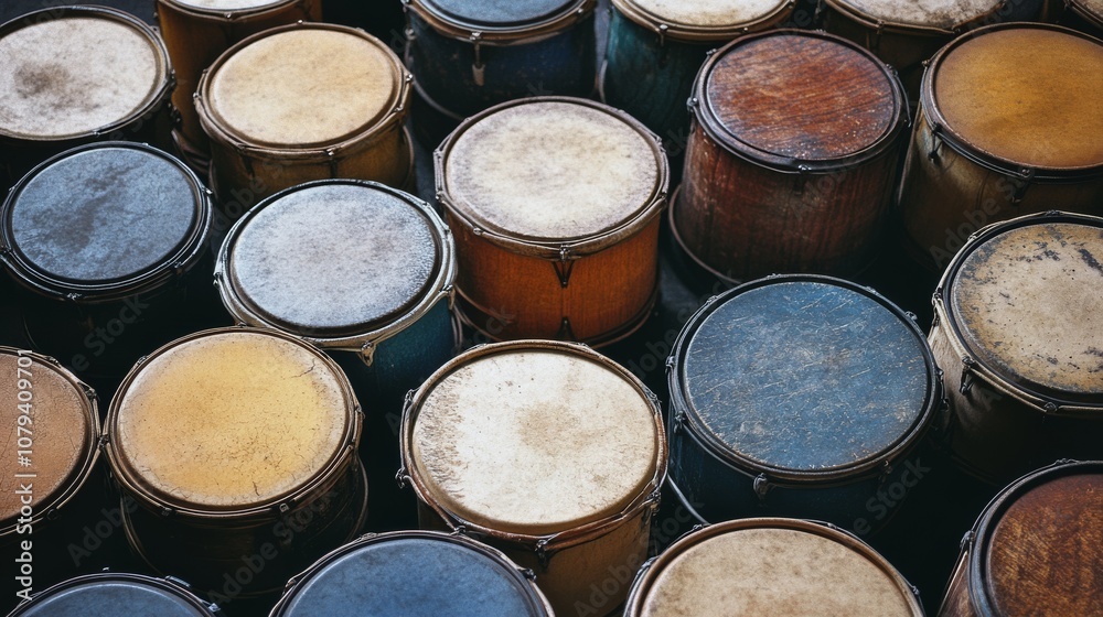 A collection of rustic, weathered drums presents a symphony of textures and tones, capturing the essence of rhythm and cultural heritage. A collection of rustic, weathered drums presents a symphony of textures and tones, capturing the essence of rhythm and cultural heritage.