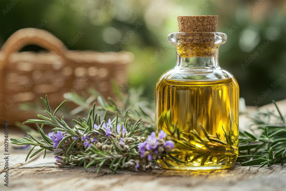 Captivating herbal infusion in a glass bottle with fresh rosemary and vibrant lavender flowers Captivating herbal infusion in a glass bottle with fresh rosemary and vibrant lavender flowers