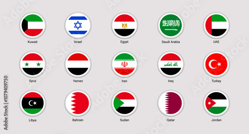 Israel, UAE, Saudi Arabia, Turkey, Egypt flags stickers vector illustration. Asian countries isolated rounded icons. Eastern states official national flags set with state name. simple button badges