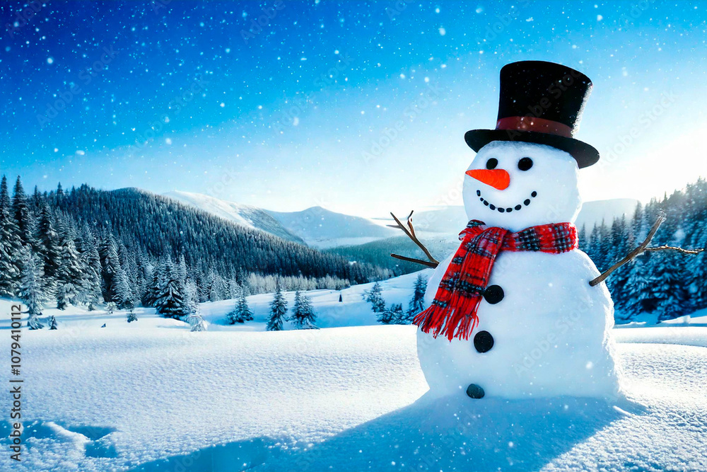 Cheerful Snowman with Plaid Scarf in Sunny Winter Scene Cheerful Snowman with Plaid Scarf in Sunny Winter Scene