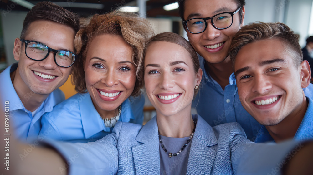 A cheerful group of diverse young professionals, smiling and posing for a selfie, wearing matching blue shirts, exuding a positive workplace vibe. A cheerful group of diverse young professionals, smiling and posing for a selfie, wearing matching blue shirts, exuding a positive workplace vibe.