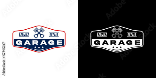 A logo for a garage offering service and repairs. It has a classic, bold style. At the top, two crossed pistons represent the automotive theme, symbolizing mechanics and engine repair.