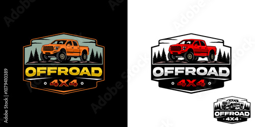 Illustrated emblem logo featuring an offroad car truck. suitable for offroad communities and t-shirts. photo