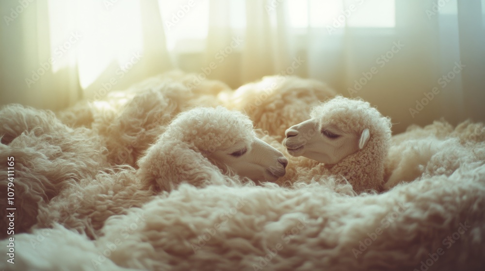 Two fluffy lambs snuggle in soft sunlight, creating a warm and tender moment of innocence and tranquility. Two fluffy lambs snuggle in soft sunlight, creating a warm and tender moment of innocence and tranquility.