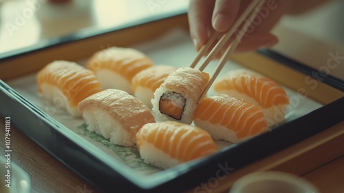 A hand skillfully uses chopsticks to enjoy freshly made sushi, showcasing the beauty and simplicity of traditional Japanese cuisine.