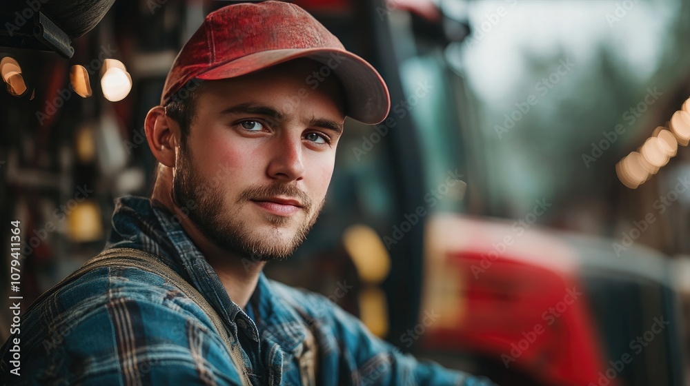 A young man in a red cap looks at the camera. He is working on a farm and is looking at the camera while standing in front of a tractor. A young man in a red cap looks at the camera. He is working on a farm and is looking at the camera while standing in front of a tractor.