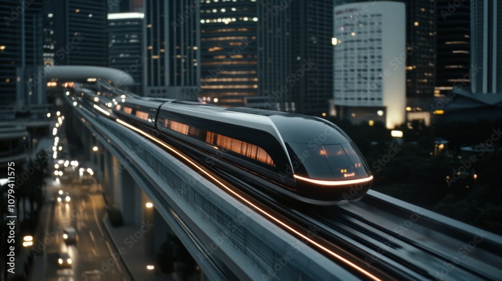 A sleek, futuristic train speeds along elevated tracks amid towering city skyscrapers at dusk, illuminating its path with glowing lights. A sleek, futuristic train speeds along elevated tracks amid towering city skyscrapers at dusk, illuminating its path with glowing lights.