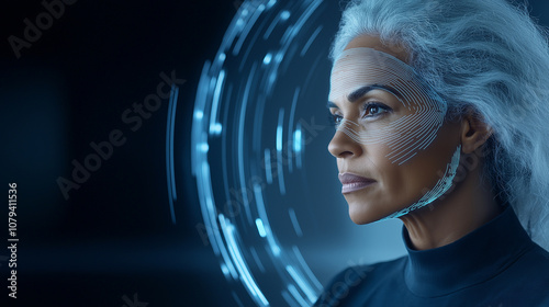 A warm and professional image of a futuristic woman with glowing lines on her skin and elegant light grey hair, showcasing a balance between human and technology. She stands confid photo