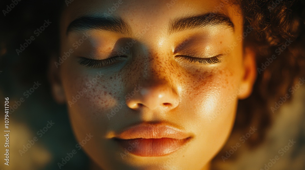 Close-up of a serene face in meditation with closed eyes, soft natural light gently illuminating relaxed facial features, neutral background, and a calm expression, conveying inner peace