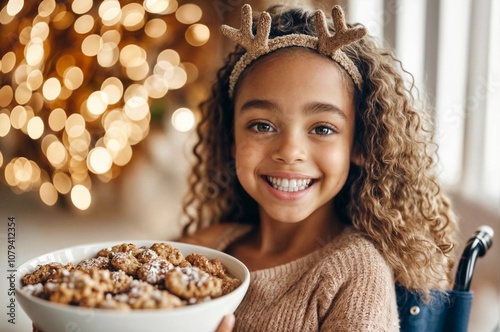 Christmas girl in wheelchair. Black kid with special Xmas cookie gift. Disabled child with food to eat for Noel, New year. Cerebral rehabilitation background. Happy african american girl in wheelchair photo