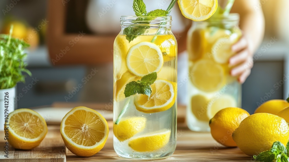 Glass jar filled with lemon infused water. A refreshing and healthy drink for a hot summer day. Glass jar filled with lemon infused water. A refreshing and healthy drink for a hot summer day.