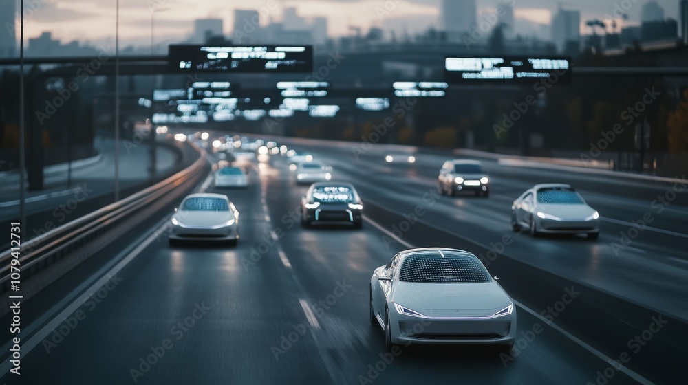 Sleek, futuristic cars smoothly navigate a busy highway at dusk, reflecting the evolving dance of modern technology and urban advancement. Sleek, futuristic cars smoothly navigate a busy highway at dusk, reflecting the evolving dance of modern technology and urban advancement.