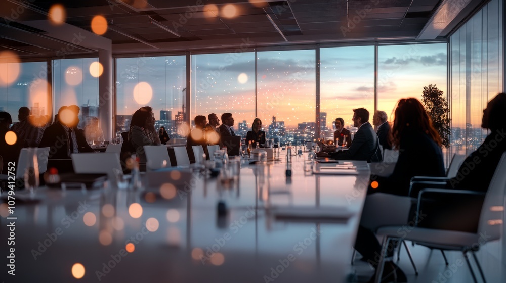 A corporate meeting unfolds in a sophisticated office space with city skyline views, illuminated by dusk. A corporate meeting unfolds in a sophisticated office space with city skyline views, illuminated by dusk.