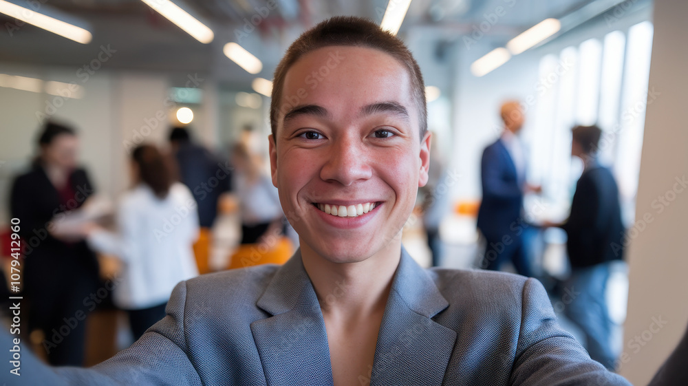 A smiling young Asian male professional takes a selfie in a modern office setting, exuding confidence and positivity amidst a busy networking event. A smiling young Asian male professional takes a selfie in a modern office setting, exuding confidence and positivity amidst a busy networking event.