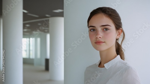 A young woman stands against a bright, contemporary office space, her expression serene and thoughtful, as natural light streams through large windows.