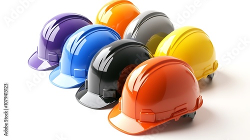 Safety construction worker helmets in various colors, emphasizing teamwork and safety in the construction industry.