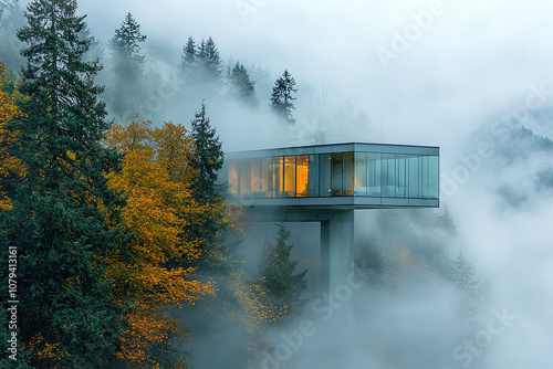 Glass-walled penthouse floating in misty morning clouds, surrounded by evergreens. photo