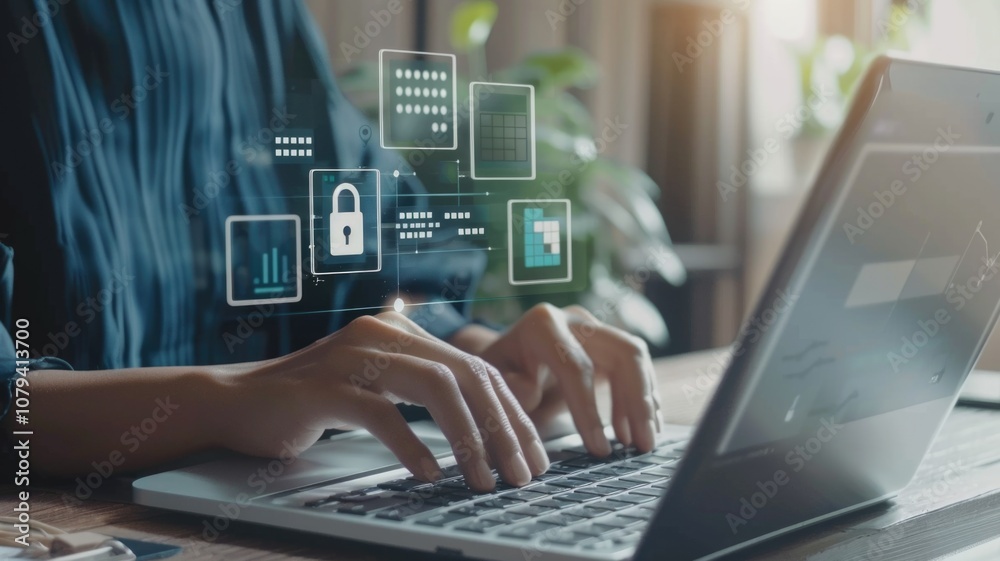 Data security concept with person typing on laptop and digital interface icons Data security concept with person typing on laptop and digital interface icons