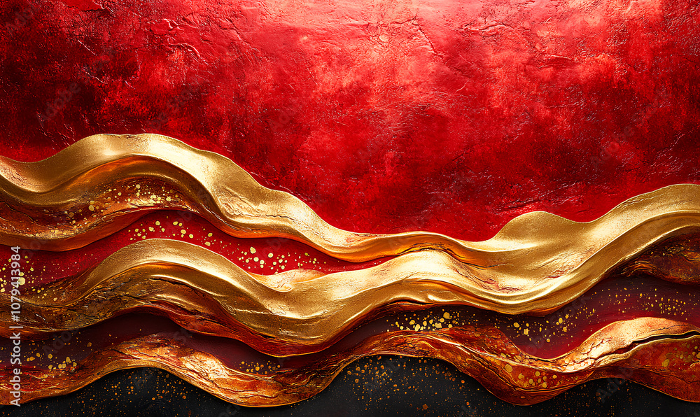 A striking blend of golden waves on a rich red background creates a captivating visual experience