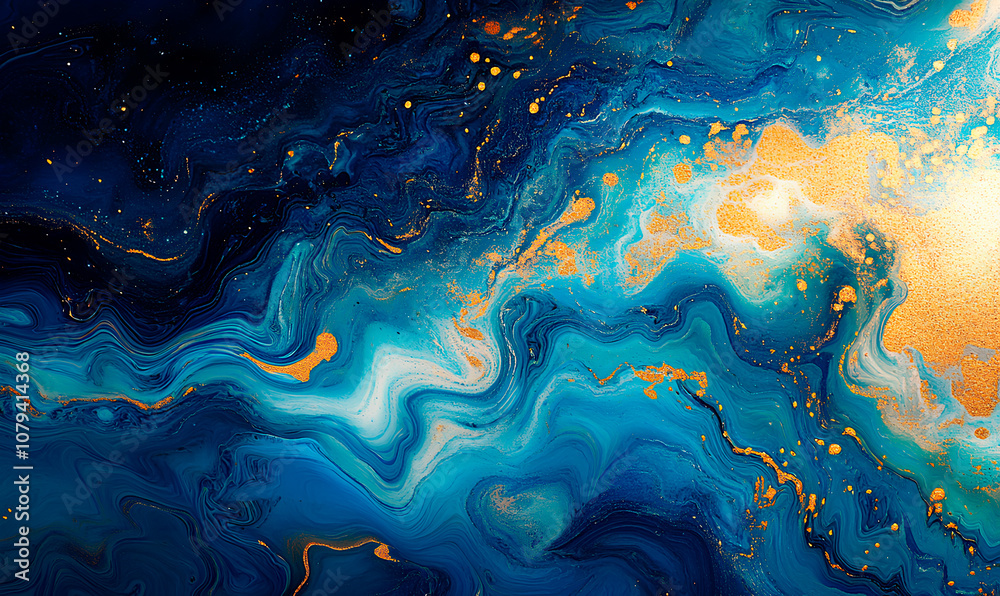 Obraz premium An abstract composition featuring rich blue waves accented with gold elements