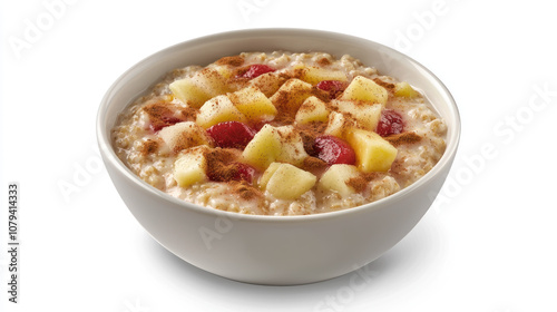 Warm oatmeal topped with fresh apples and cherries, sprinkled with cinnamon for delicious breakfast. Perfect for healthy start to your day!