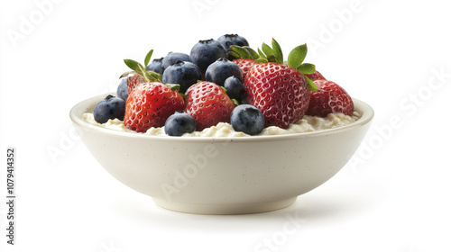 Creamy cottage cheese topped with fresh strawberries and blueberries, creating delicious and healthy breakfast option. Perfect for nutritious start to your day!